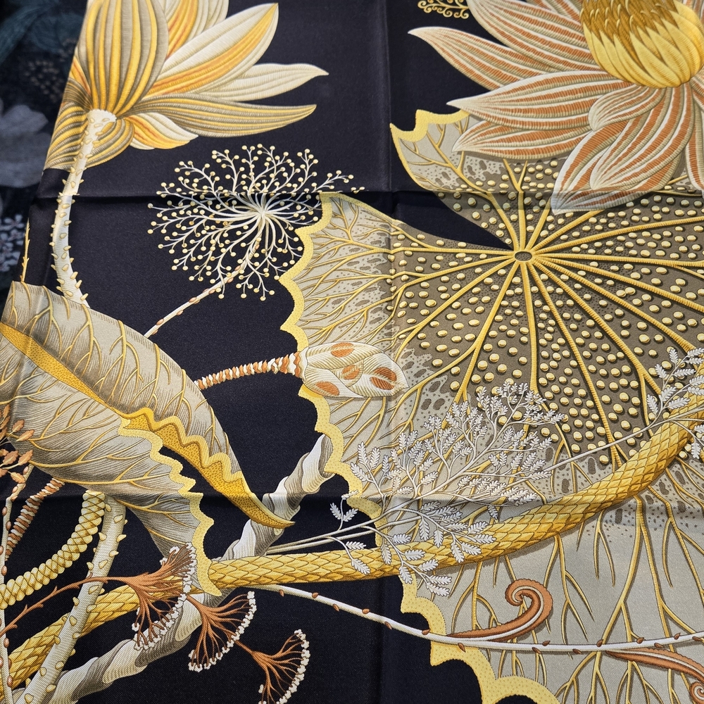 Salvatore Ferragamo Black and Gold Botanical Scarf